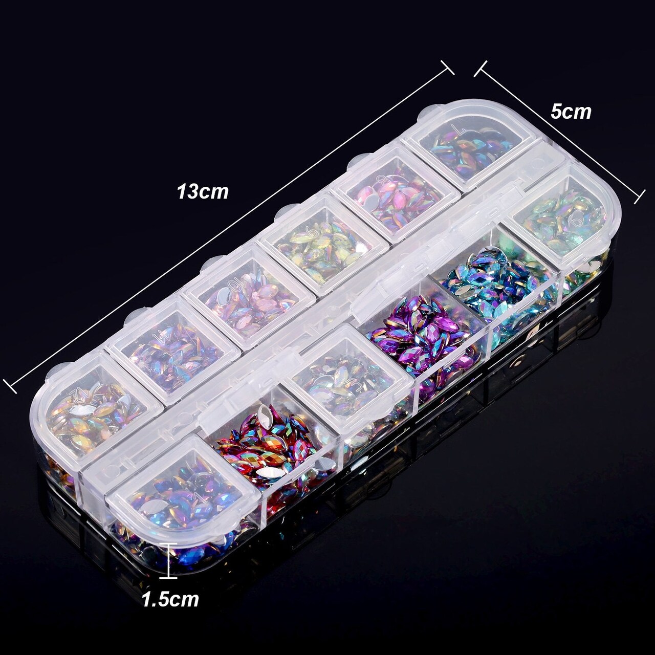 1200 Pieces 12 Colors Shiny Nail Rhinestones Horse Eye Rhinestones Flat Back Nail Gems Decorations Supplies with Box